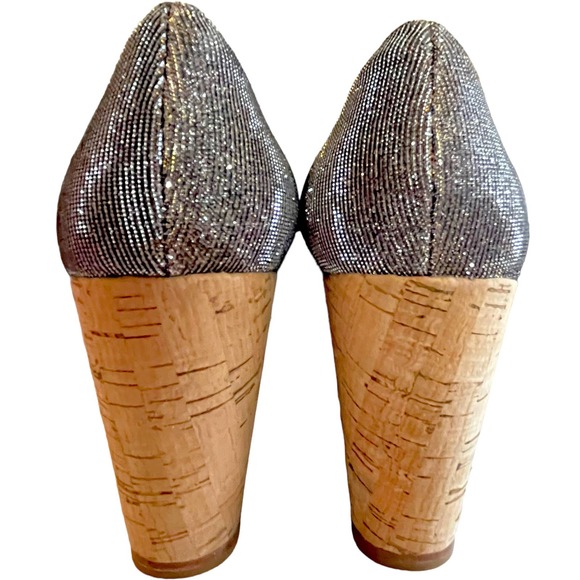 Stuart Weitzman Grey Lurex Glitter Anna Cork Wedge Platform Peep Toe Pumps 9.5 - Picture 9 of 13